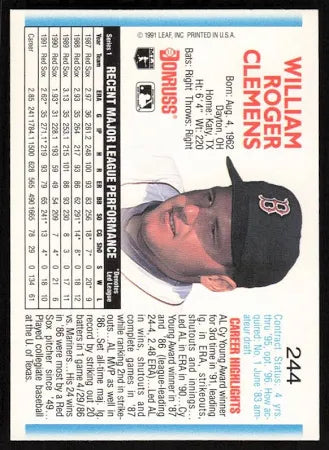 1992 Donruss William Roger Clemens Baseball Card #244