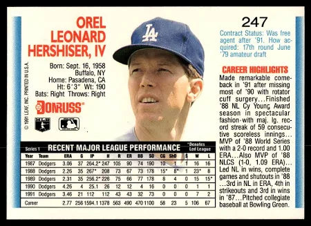 1992 Donruss Orel Leonard Hershiser IV Baseball Card #247