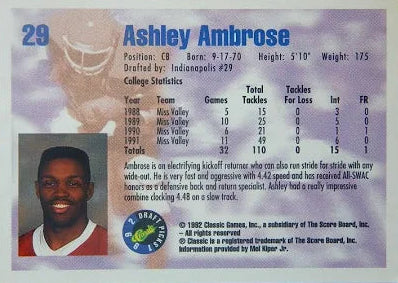 1992 Classic Draft Picks Ashley Ambrose Football Card #29