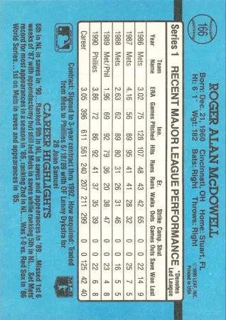 1991 Donruss Roger Alan McDowell Baseball Card #166