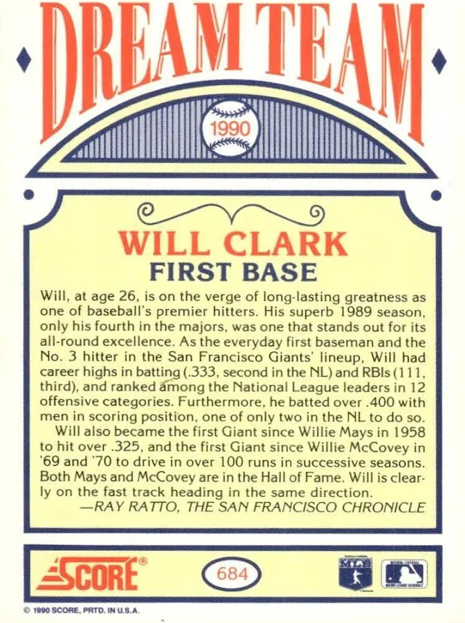 1990 Score Dream Team Will Clark Baseball Card #684