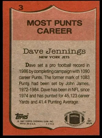 1987 Topps Most Punts Career Dave jennings Football Card #3