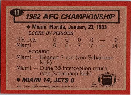 1983 Topps 1982 AFC Championship Miami 14, Jets 0 Football Card #11