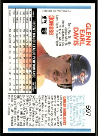 1992 Donruss Glenn Earl Davis Baseball Card #597