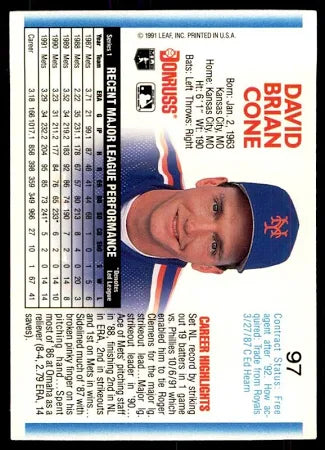 1992 Donruss David Brian Cone Baseball Card #97