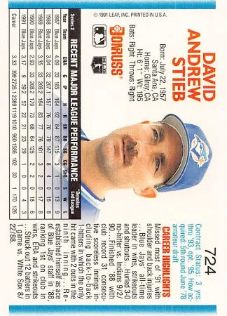 1992 Donruss David Andrew Stieb Baseball Card #724