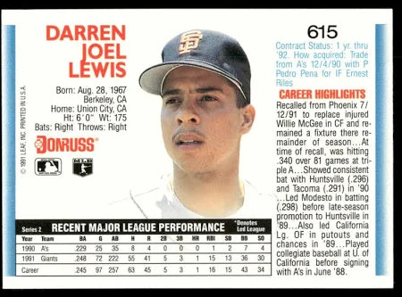 1992 Donruss Darren Joel Lewis Baseball Card #615