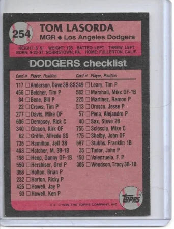 1989 Topps Tom Lasorda Baseball Card #254