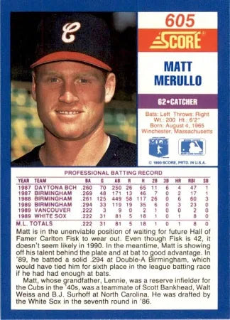1990 Score Matt Merullo Baseball Card #605