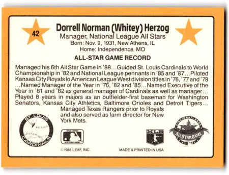 1989 Donruss Dorrell Norman (Whitey) Herzog Baseball Card #42