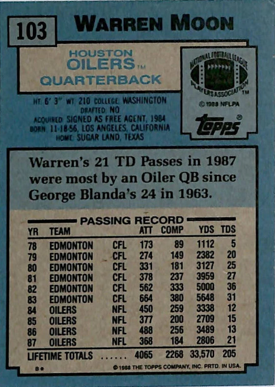 1988 Topps Warren Moon Football Card #103