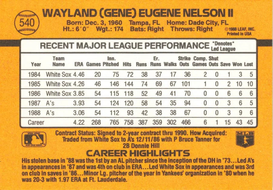 1989 Donruss Wayland (Gene) Eugene Nelson II Baseball Card #540