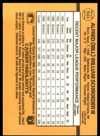 1989 Donruss Alfred (Bill) William Schroeder III Baseball Card #644