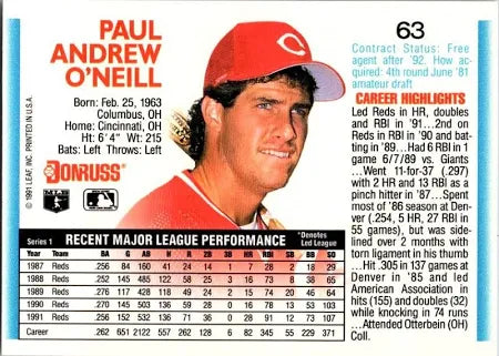 1992 Donruss Paul Andrew O'Neill Baseball Card #63