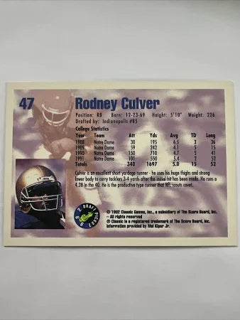 1992 Classic Draft Picks Rodney Culver Football Card #47