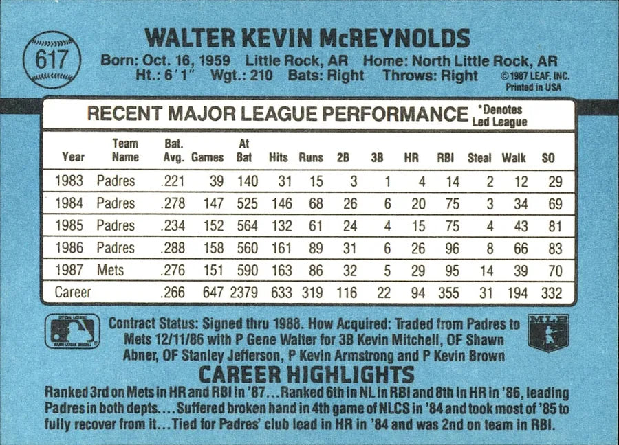 1988 Donruss Kevin McReynolds Baseball Card #617