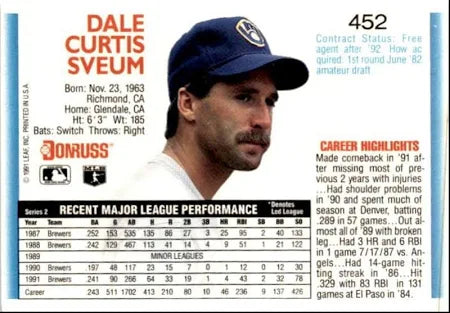 1992 Donruss Dale Curtis Sveum Baseball Card #452