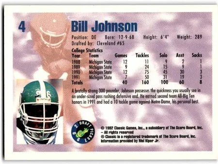 1992 Classic Draft Picks Bill Johnson Football Card #4