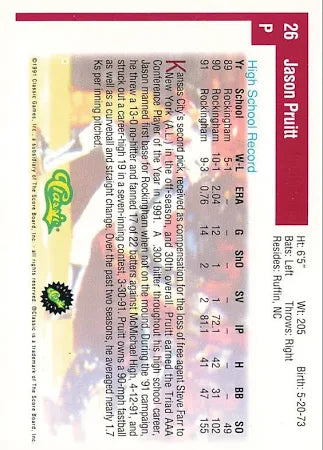 1991 Classic Draft Picks Jason Pruitt Baseball Card #26