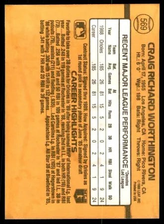 1989 Donruss Craig Richard Worthington Baseball Card #569
