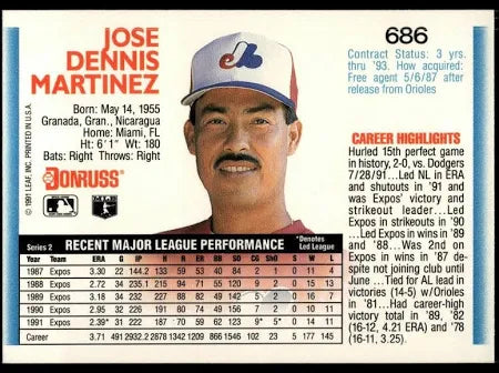 1992 Donruss Jose Dennis Martinez Baseball Card #686