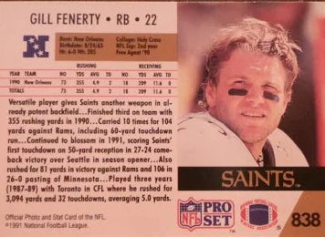 1991 NFL Pro Set Gill Fenerty Football Card #838