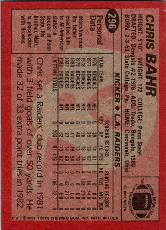 1983 Topps Chris Bahr Football Card #296