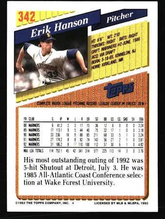 1993 Topps Erik Hanson Baseball Card #342