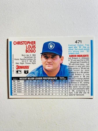 1992 Donruss Christopher Louis Bosio Baseball Card #471