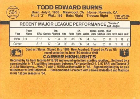 1989 Donruss Todd Edward Burns Baseball Card #564