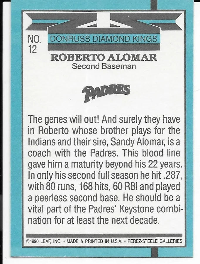 1990 Donruss Diamond Kings Roberto Alomar Baseball Card #12