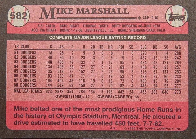 1989 Topps Mike Marshall Baseball Card #582