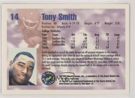 1992 Classic Draft Picks Tony Smith Football Card #14