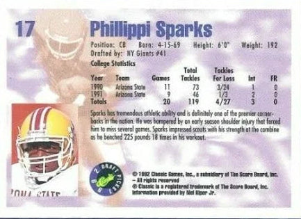 1992 Classic Draft Picks Phillippi Sparks Football Card #17