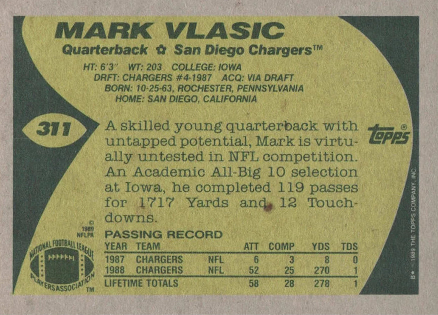 1989 Topps Mark Vlasic Football Card #311