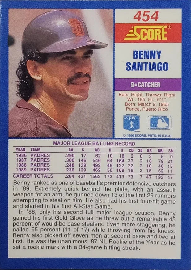 1990 Score Benny Santiago Baseball Card #454