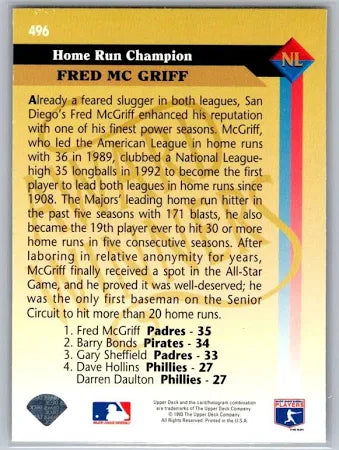 1993 Upper Deck Award Winners 1992 Home Run Champion Fred McGriff Baseball Card #496