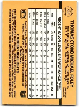 1989 Donruss Thomas (Tom) Michael Foley Baseball Card #342