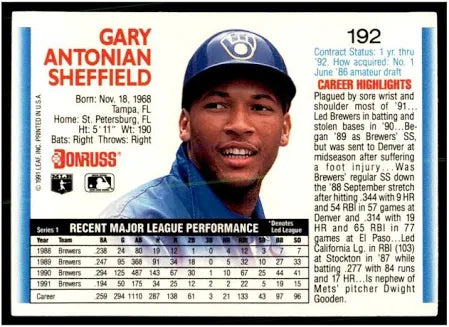 1992 Donruss Gary Antonian Sheffield Baseball Card #192