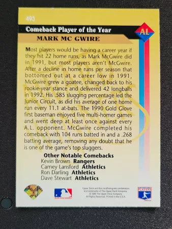 1993 Upper Deck Comeback Player of the Year American League Mark McGwire Baseball Card #493