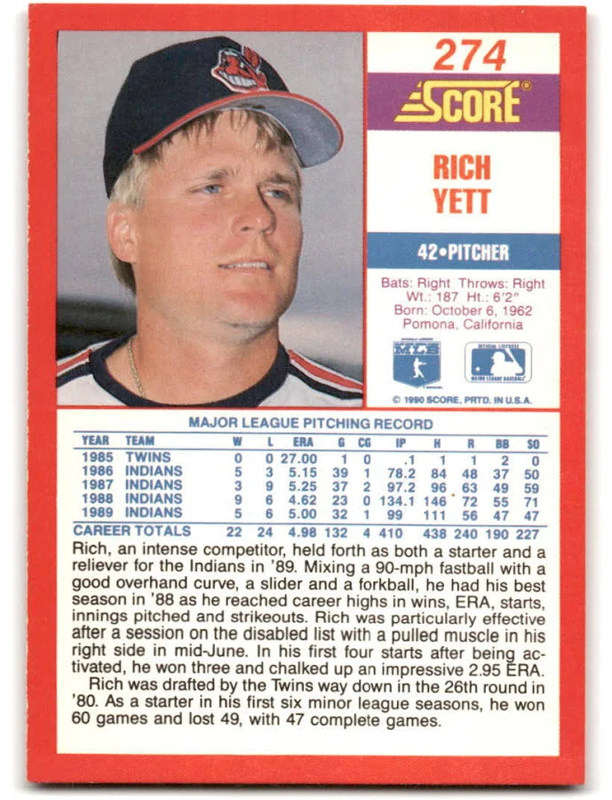 1990 Score Rich Yett Baseball Card #274