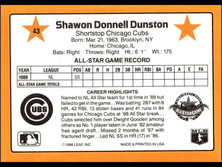 1989 Donruss Shawon Donnell Dunston Baseball Card #43