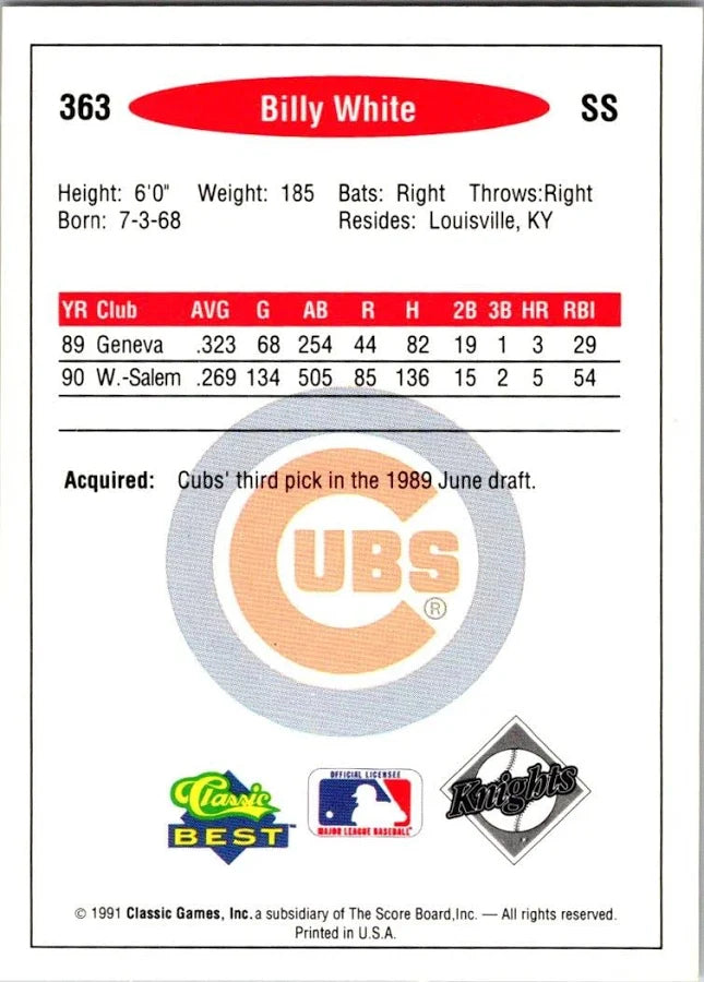 1991 Classic Billy White Baseball Card #363