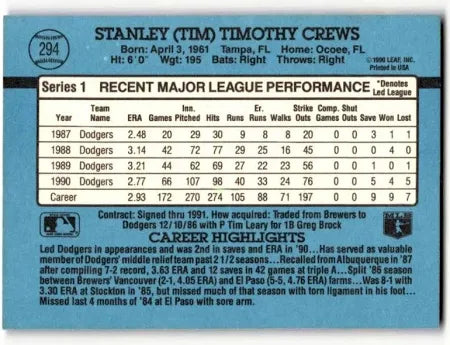 1991 Donruss Stanley (Tim) Timothy Crews Baseball Card #294