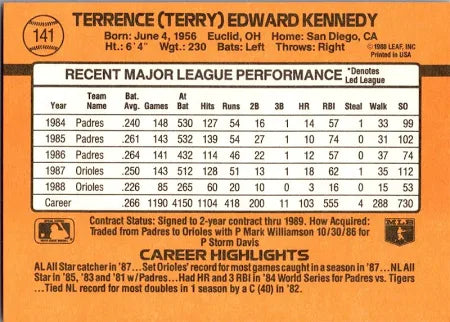 1989 Donruss Terrence (Terry) Edward Kennedy Baseball Card #141