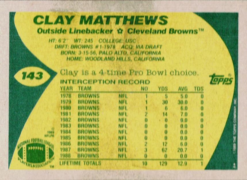 1989 Topps Clay Matthews Football Card #143