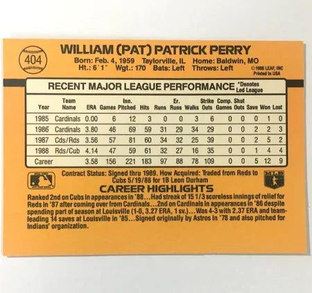 1989 Donruss William (Pat) Patrick Perry Baseball Card #404