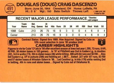 1989 Donruss Douglas (Doug) Craig Dascenzo Baseball Card #491