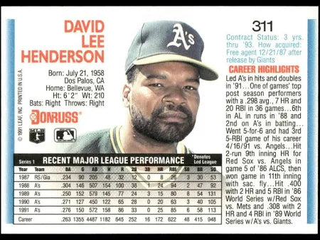 1992 Donruss David Lee Henderson Baseball Card #311