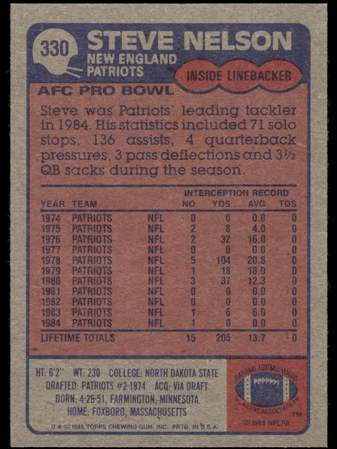1985 Topps Steve Nelson Football Card #330